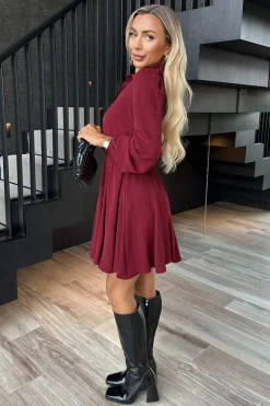 Wine Long Sleeve Mini Skater Dress