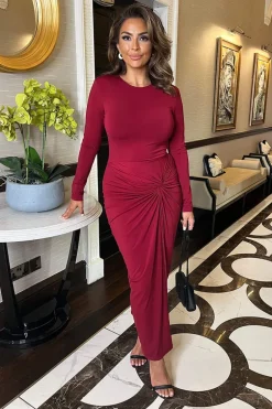 Wine Long Sleeves Knot Skirt Bodycon Midi Dress