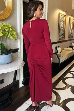 Wine Long Sleeves Knot Skirt Bodycon Midi Dress