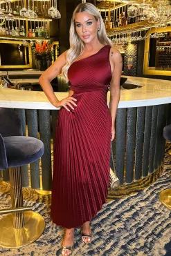 Wine One Shoulder Pleated Satin Midi Dress