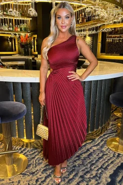 Wine One Shoulder Pleated Satin Midi Dress