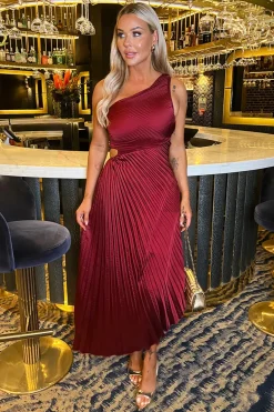 Wine One Shoulder Pleated Satin Midi Dress