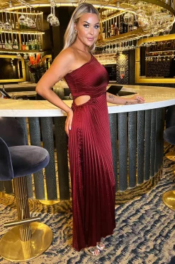 Wine One Shoulder Pleated Satin Midi Dress