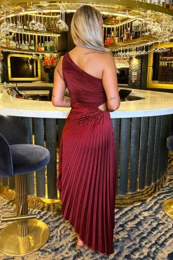 Wine One Shoulder Pleated Satin Midi Dress