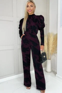 Wine Printed High Neck Puff Sleeve Jumpsuit