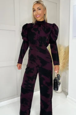 Wine Printed High Neck Puff Sleeve Jumpsuit
