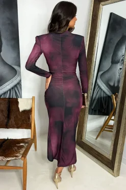 Wine Printed Long Sleeve Wrap Midi Dress