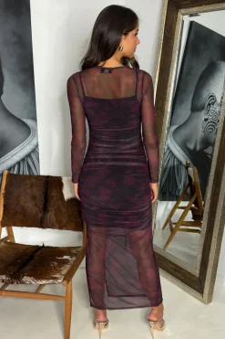 Wine Printed Mesh Overlay Long Sleeve Bodycon Midi Dress