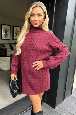 Wine Roll Neck Cable Knit Dress