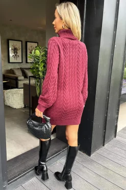 Wine Roll Neck Cable Knit Dress