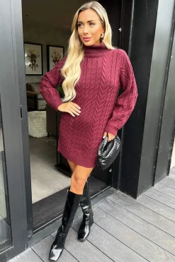 Wine Roll Neck Cable Knit Dress