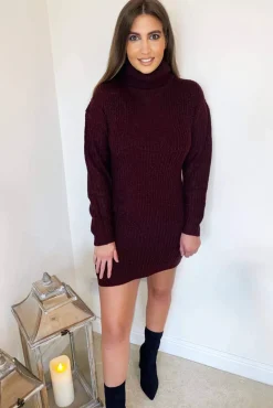 Wine Roll Neck Knit Jumper Dress