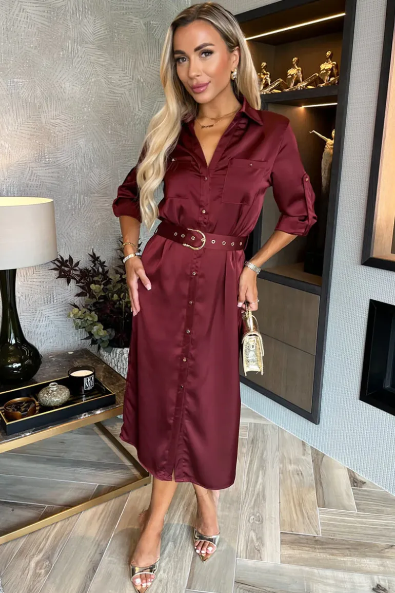 Wine Satin Belted 3/4 Sleeve Gold Buttons Shirt Midi Dress