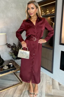 Wine Satin Belted 3/4 Sleeve Gold Buttons Shirt Midi Dress