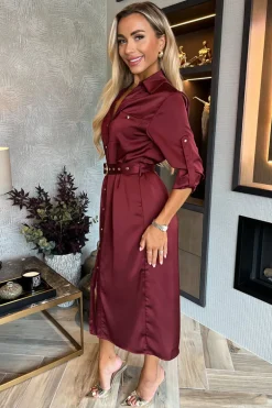 Wine Satin Belted 3/4 Sleeve Gold Buttons Shirt Midi Dress