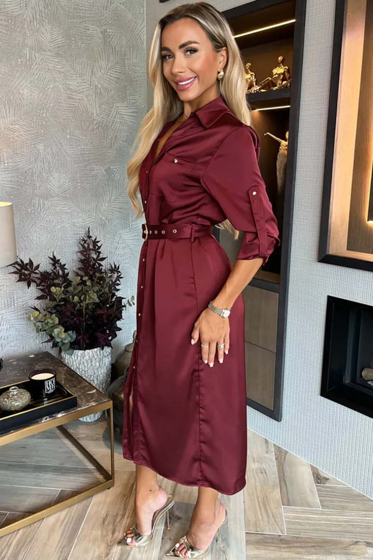Wine Satin Belted 3/4 Sleeve Gold Buttons Shirt Midi Dress