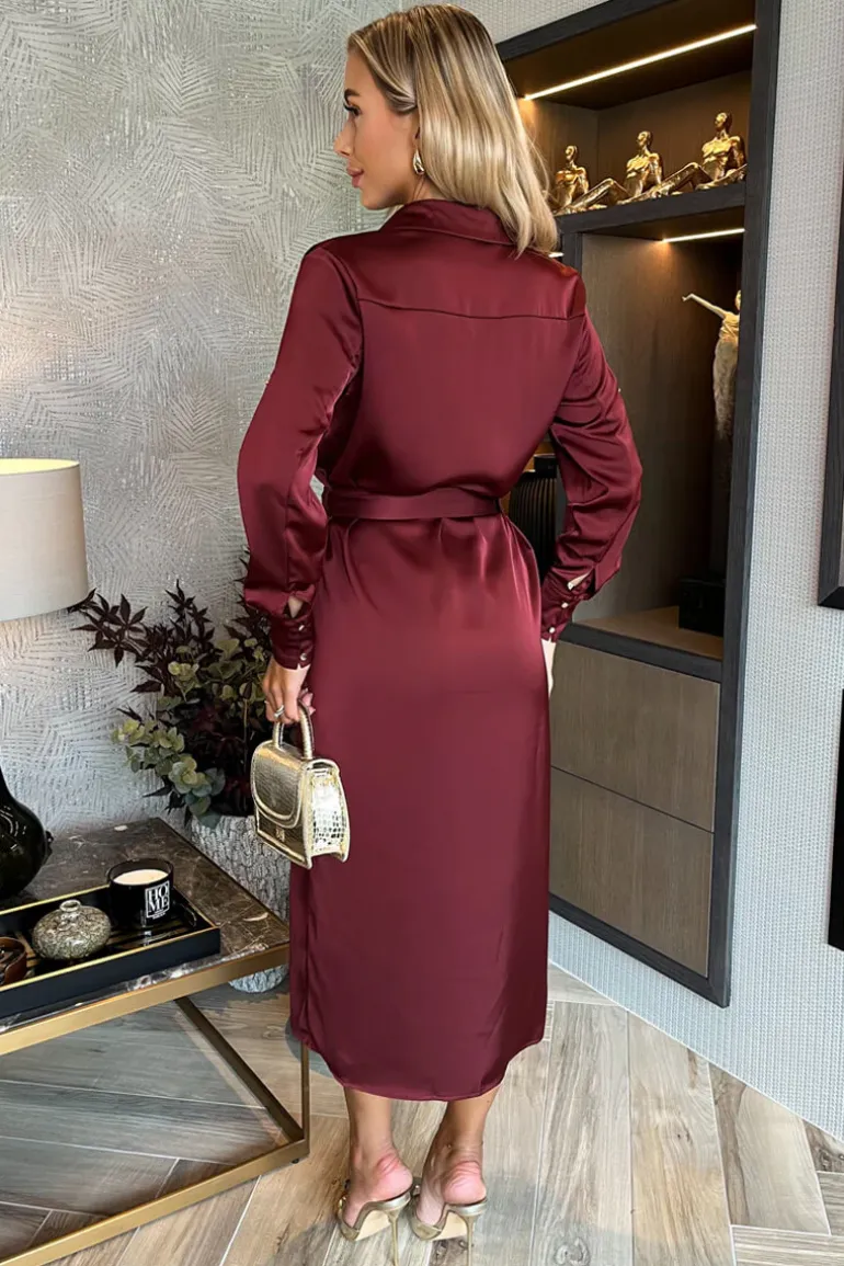 Wine Satin Belted 3/4 Sleeve Gold Buttons Shirt Midi Dress