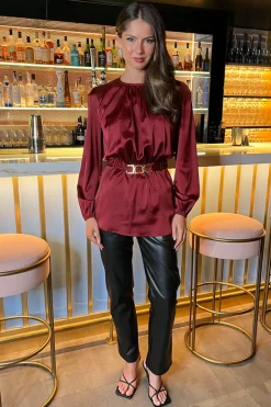 Wine Satin Long Sleeve Gold Detail Belt Top