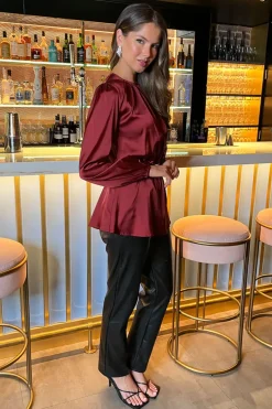 Wine Satin Long Sleeve Gold Detail Belt Top
