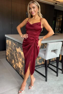 Wine Satin Strappy Cowl Neck Gathered Skirt Midi Dress