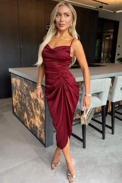 Wine Satin Strappy Cowl Neck Gathered Skirt Midi Dress