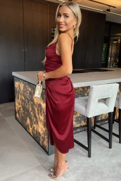 Wine Satin Strappy Cowl Neck Gathered Skirt Midi Dress