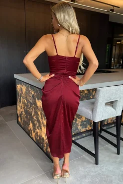 Wine Satin Strappy Cowl Neck Gathered Skirt Midi Dress