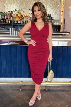 Wine V Neck Ruched Bodycon Midi Dress
