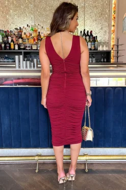 Wine V Neck Ruched Bodycon Midi Dress