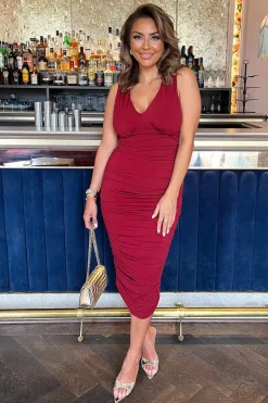Wine V Neck Ruched Bodycon Midi Dress