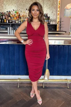 Wine V Neck Ruched Bodycon Midi Dress