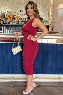 Wine V Neck Ruched Bodycon Midi Dress