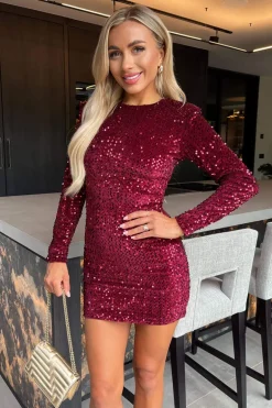 Wine Velvet Sequin Long Sleeve Mini Dress