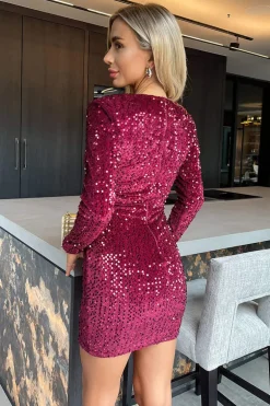 Wine Velvet Sequin Long Sleeve Mini Dress