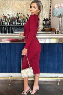 Wine Wrap Top Long Sleeve Ruched Bodycon Midi Dress
