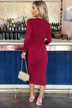 Wine Wrap Top Long Sleeve Ruched Bodycon Midi Dress
