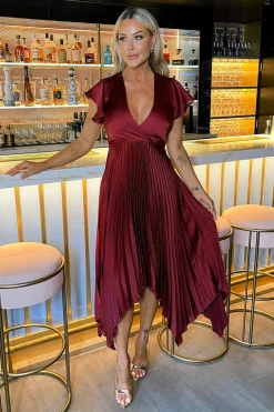 Wine Wrap Top Zig Zag Hem Pleated Midi Dress