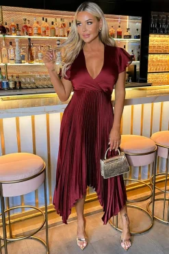 Wine Wrap Top Zig Zag Hem Pleated Midi Dress