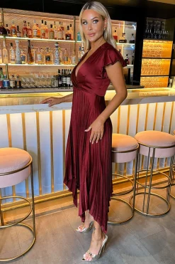 Wine Wrap Top Zig Zag Hem Pleated Midi Dress