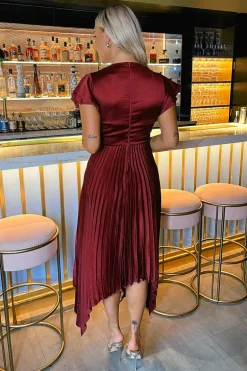 Wine Wrap Top Zig Zag Hem Pleated Midi Dress