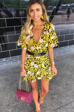 Yellow Animal Print Dress With Floral Detail