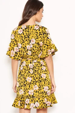 Yellow Animal Print Dress With Floral Detail