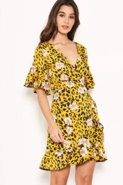 Yellow Animal Print Dress With Floral Detail