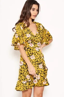 Yellow Animal Print Dress With Floral Detail