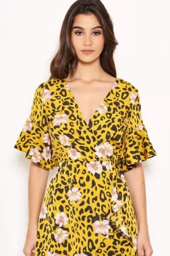 Yellow Animal Print Dress With Floral Detail