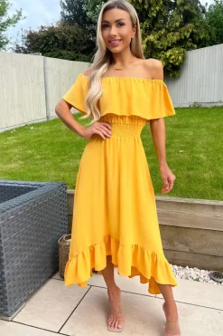 Yellow Bardot Style Midi Dress