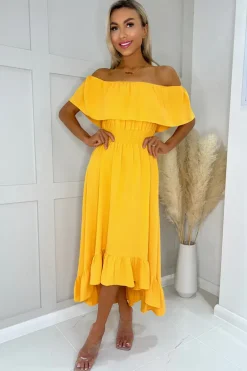 Yellow Bardot Style Midi Dress