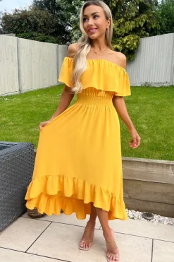 Yellow Bardot Style Midi Dress
