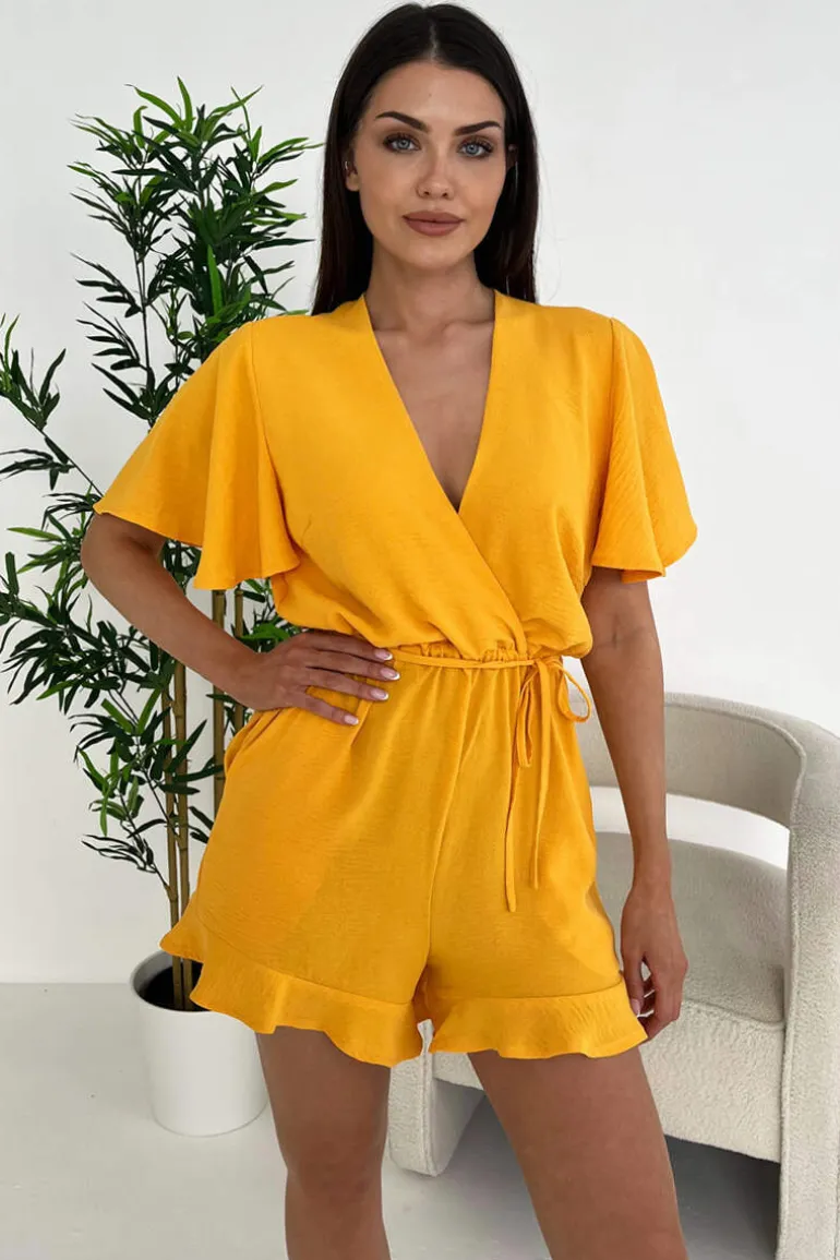 Yellow Butterfly Sleeve Wrap Top Tie Waist Playsuit