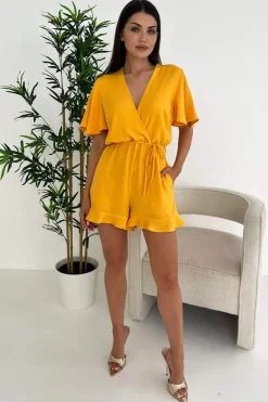 Yellow Butterfly Sleeve Wrap Top Tie Waist Playsuit